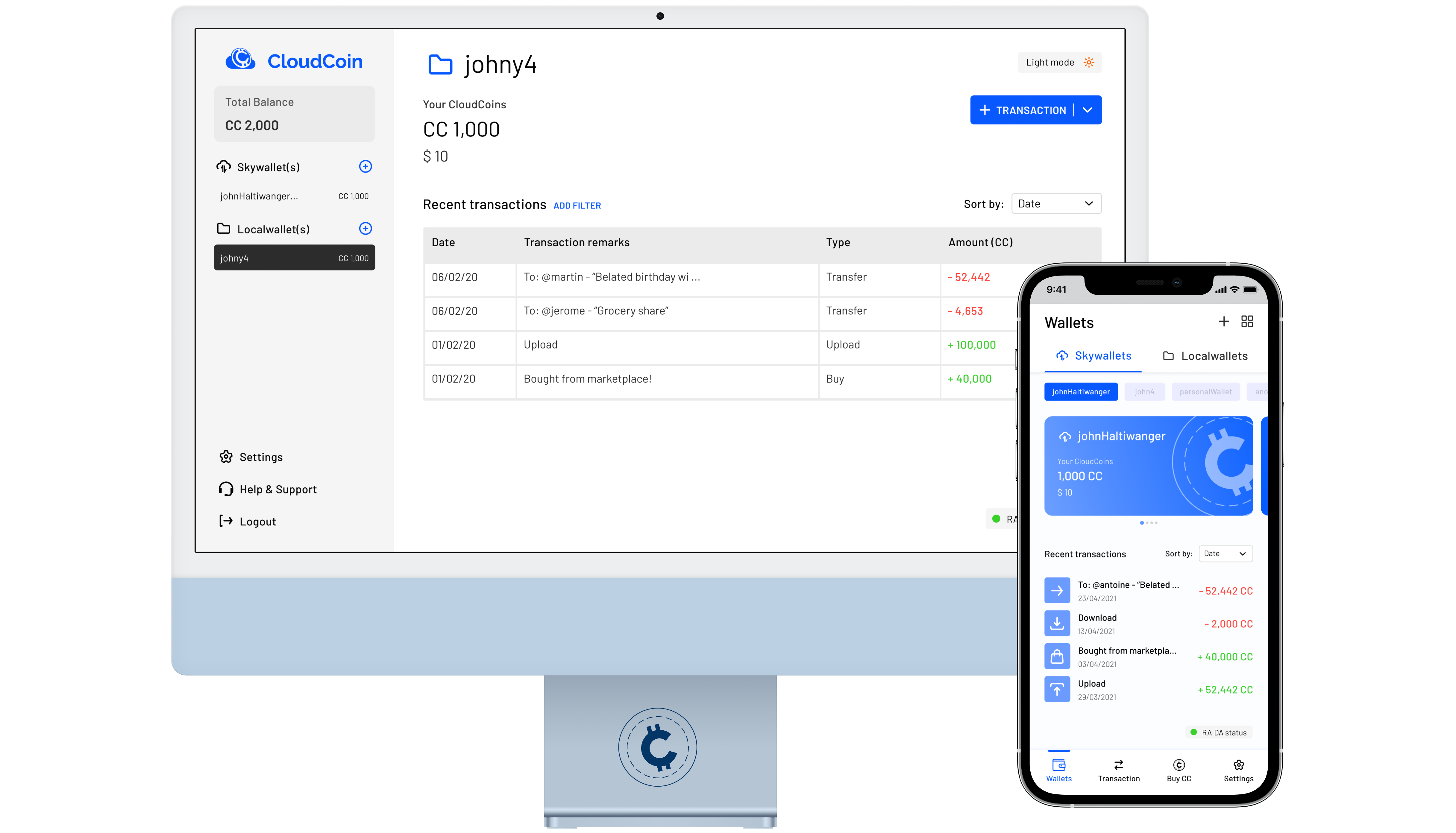 CloudCoin crypto wallet dashboard on desktop and mobile